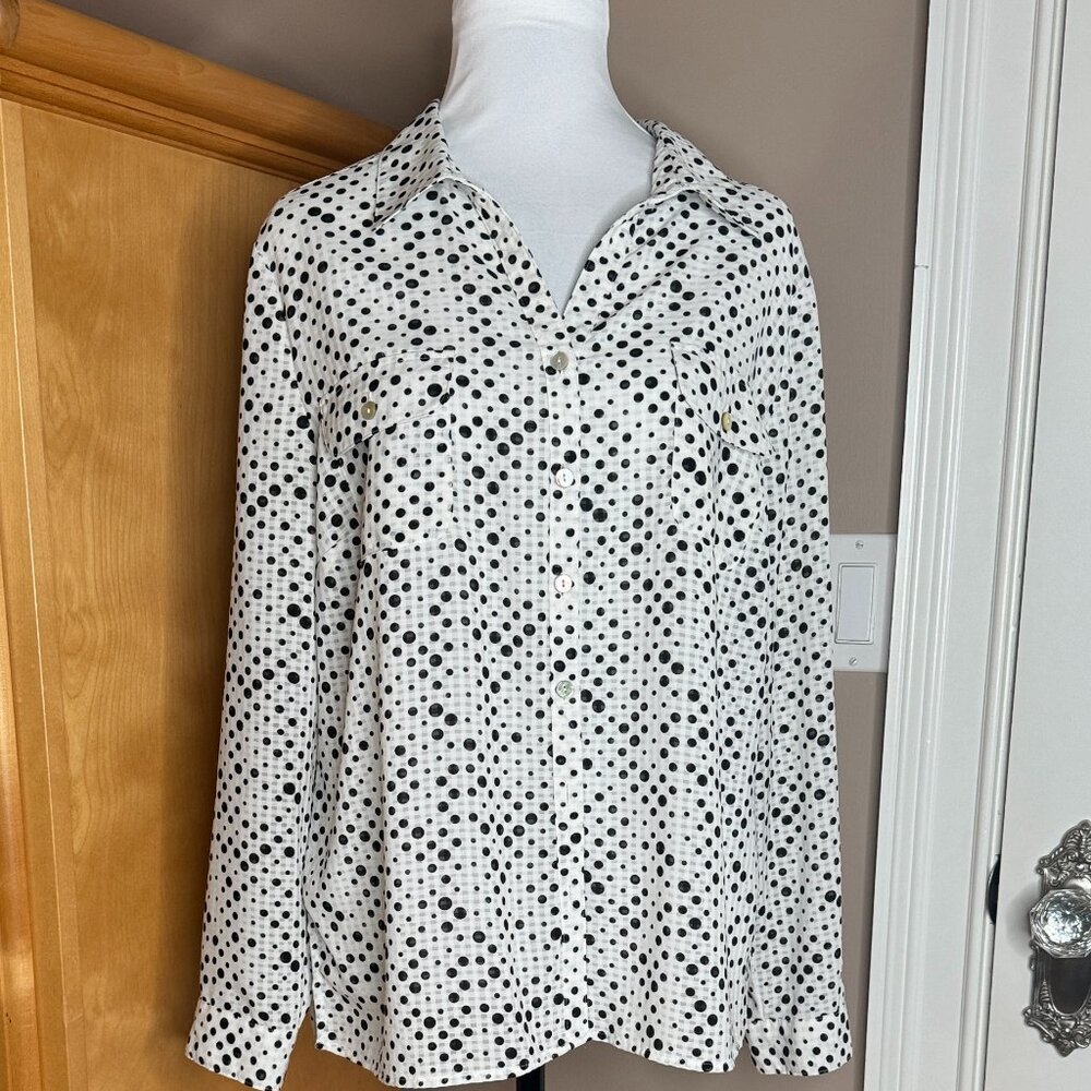 CORAL BAY White Long Sleeve Button Down Blouse Black Polka dots Size PXL